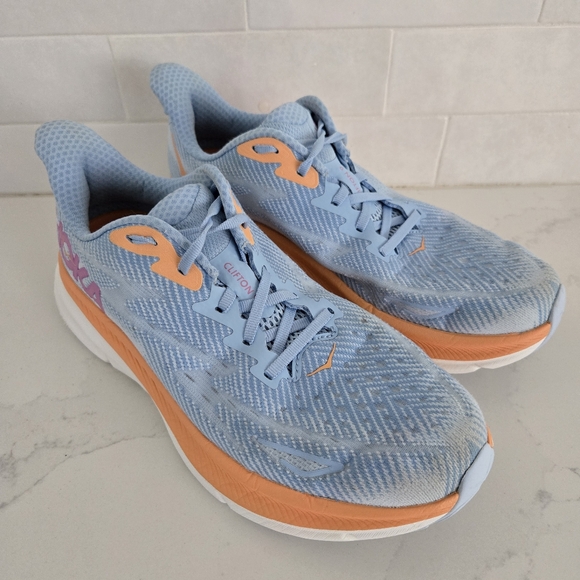 Hoka Clifton 9 Cushioned Athletic Walking Running Shoe Light Airy Blue Ice Water - Picture 2 of 10